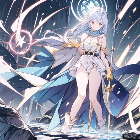  top quality, ,_(dq3),  one girl , (holding staff, staff:1.3), Alone,  long hair,  blue hair,  circlets, red eyes, Normal Breasts, YELLOW GLOVES , white dress,  belt bag , Cape,  long boots,  clevis on a stone,  shoulder out, underwear,  standing with diff...