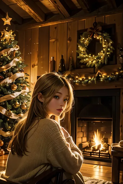 Inside a log house with a fireplace 、 a huge Christmas tree in the living room、  The cutest granddaughter is relaxing in front of the fireplace and looking back at the old man behind her、Focus on granddaughter 、 granddaughter is the cutest、The depiction of...