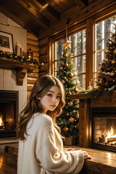 Inside a log house with a fireplace 、 a huge Christmas tree in the living room、  The cutest granddaughter is relaxing in front of the fireplace and looking back at the old man behind her、Focus on granddaughter 、 granddaughter is the cutest、The depiction of...