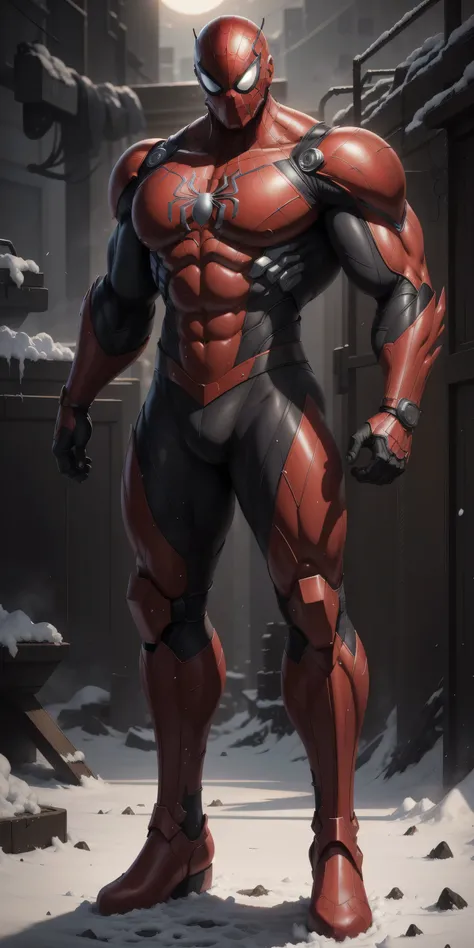 spider-man, a 2-meter-tall Muscular man，Crimson robotic police helmet ， crimson camouflage nano mecha ，Radium-shining eyes，The perfect big mask， character concept （Resident Evil - Chris Redfield，Chris Redfield）Senior Police Officer，Small plaid texture ，Reg...