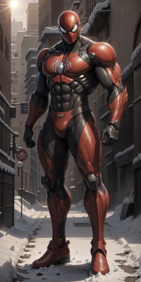 spider-man, a 2-meter-tall Muscular man，Dark yellow, red, and black robotic police helmet ， crimson camouflage nano mecha ，Radium-shining eyes，The perfect big mask， character concept （Resident Evil - Chris Redfield，Chris Redfield）Senior Police Officer，Smal...