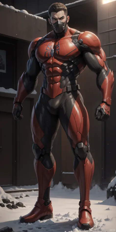 spider-man, a 2-meter-tall Muscular man，Dark yellow, red, and black robotic police helmet ， crimson camouflage nano mecha ，Radium-shining eyes，The perfect big mask， character concept （Resident Evil - Chris Redfield，Chris Redfield）Senior Police Officer，Smal...