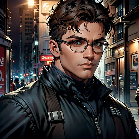 "Close-up, Male character, on a street, night, young man, military hair, brown eyes, glasses, black suit,."