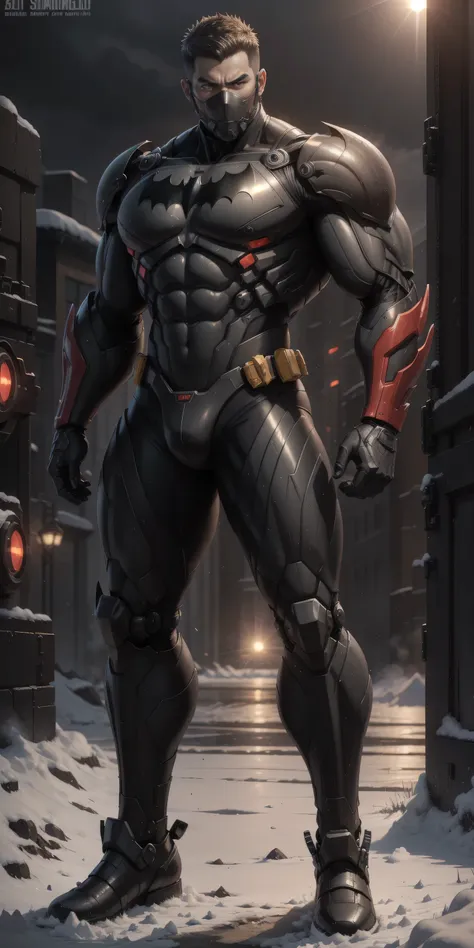 batman, a 2-meter-tall Muscular man，Dark yellow, red, and black robotic police helmet ， crimson camouflage nano mecha ，Radium-shining eyes，The perfect big mask， character concept （Resident Evil - Chris Redfield，Chris Redfield）Senior Police Officer，Small pl...