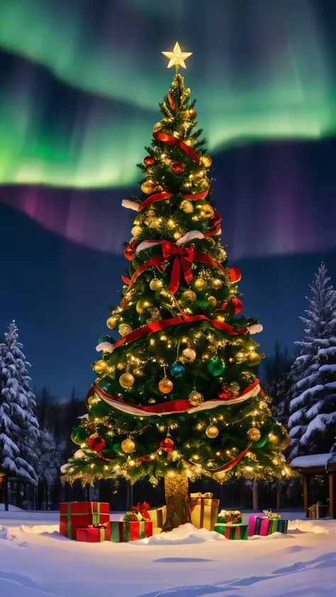 CSU, cross-section, christmas card, from side, masterpiece, best quality, CG, wallpaper, HDR, high quality, high-definition, extremely detailed christmas tree, snow, blue theme, at night, starry sky, Aurora Borealis,  underground, elves, Santas workshop, w...