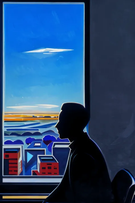 The man sits in front of the window（Back Shadow），Look at the city in the distance，In the daytime