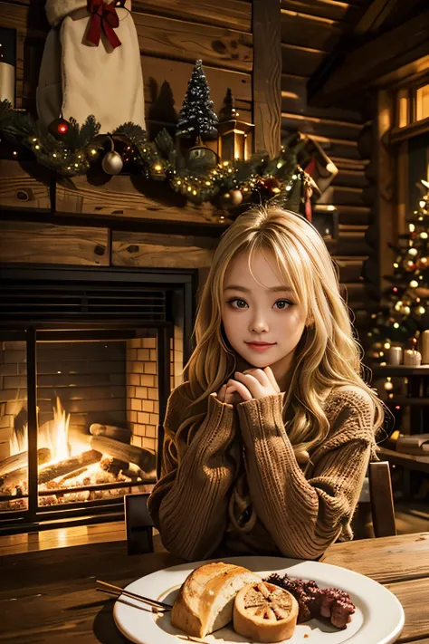 Inside a log house with a fireplace 、 a huge Christmas tree in the living room、  The cutest granddaughter is relaxing in front of the fireplace、Focus on Christmas dinners lined up at the dining table 、 granddaughter is the cutest、The depiction of a grandda...