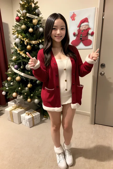 Standing at an indoor Christmas party venue with no one、 Christmas tree、1 person、  Japanese、  really cute girl 、  Santa cosplay in the truck、Red Cardigan、 miniskirt、Beautiful dark hair with long hair 、 Beautiful thin hands and feet、 smile、Full body portrai...