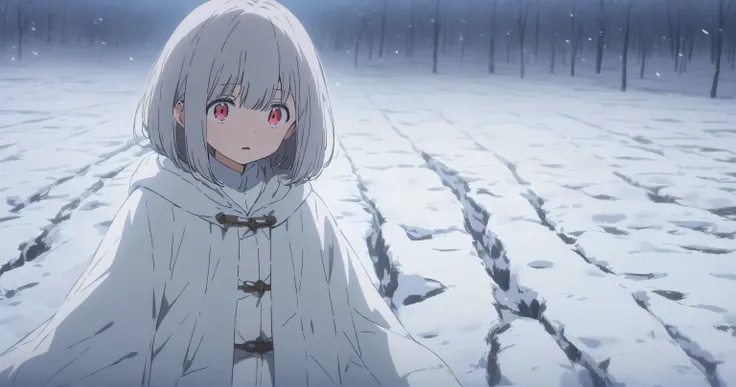 Snowy fields at night　 girl with gray hair bob　 skirt with open pupils 　 tattered white clothes　Person Distant 　 scenery main 　anime