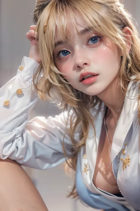 masterpiece,  top quality, 8k,  photorealistic,  high definition , 1 Female, Alone,  viewers of the pin, (  detail face ), Blonde,  white sailor suit, Extremely beautiful,  jewelry、Soft beautiful breasts、 sexy expression  ,((downblouse,leaning forward,loos...