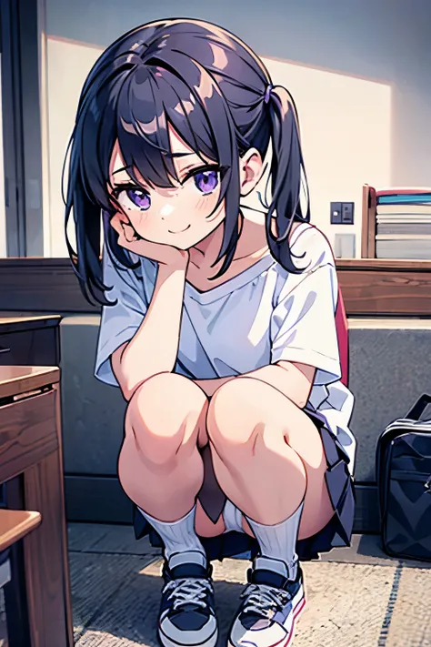  Elementary School   Flat Chest Black Hair Short Twin Tails Purple Eyes Smile（（One person）） upper body pink short sleeve blouse lower body blue pleated skirt white panties white socks　 sneakers　（（ can see her panties ）） Sitting on the six square meters of ...