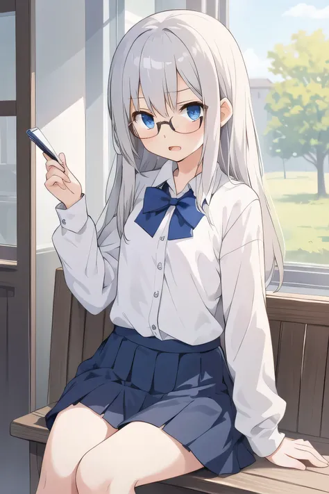 cute girl, anime, silver hair, straight hair, blue eyes, (young:1.3), (Small Bust :0.9), (cute:1.3), (middle bust:0.7), (cute girl:1.2), cowboy shot, cute, (slender:1.4), open mouth, shy, side shot, Glasses, cute, sit down, white school uniform, dark blue ...