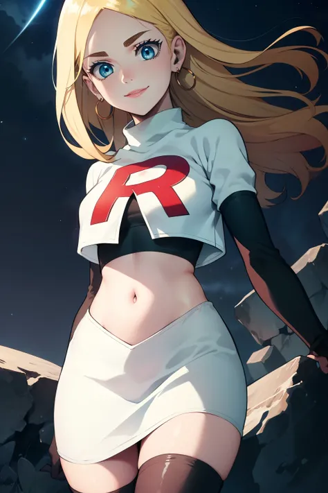  historia,blond hair,blue eyes,glossy lips, earrings ,team rocket, team rocket uniform, red letter R, white skirt, white crop top, black thigh-high boots, black elbow gloves, evil smile, looking at viewer,night sky background