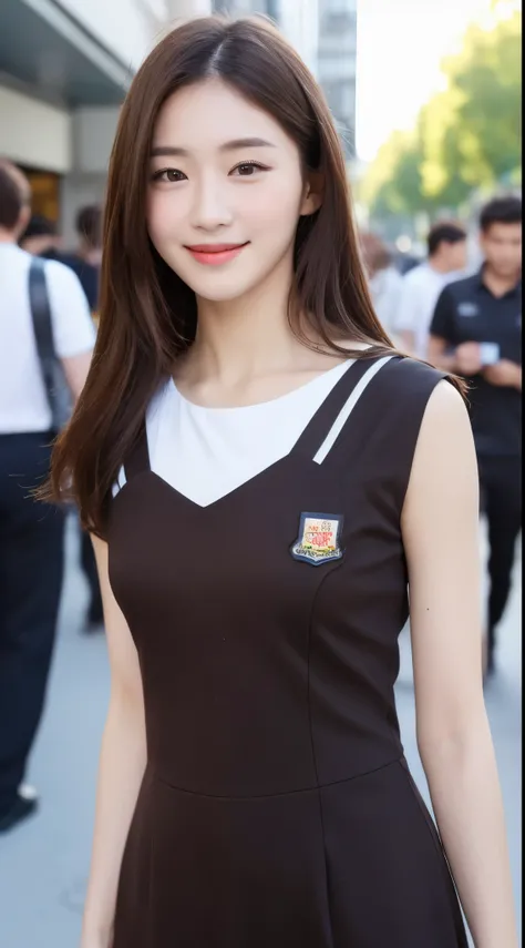 (( top quality, 8k, masterpiece :1.3)),  1 girl, smile, whole body, Slim face,  pretty woman , ( dark brown hair),  long dress  :1.1,  super detailed face,  Details Eyes ,  double eyelids in judo uniforms,   Blur Background , Slim face, city, outside, stre...