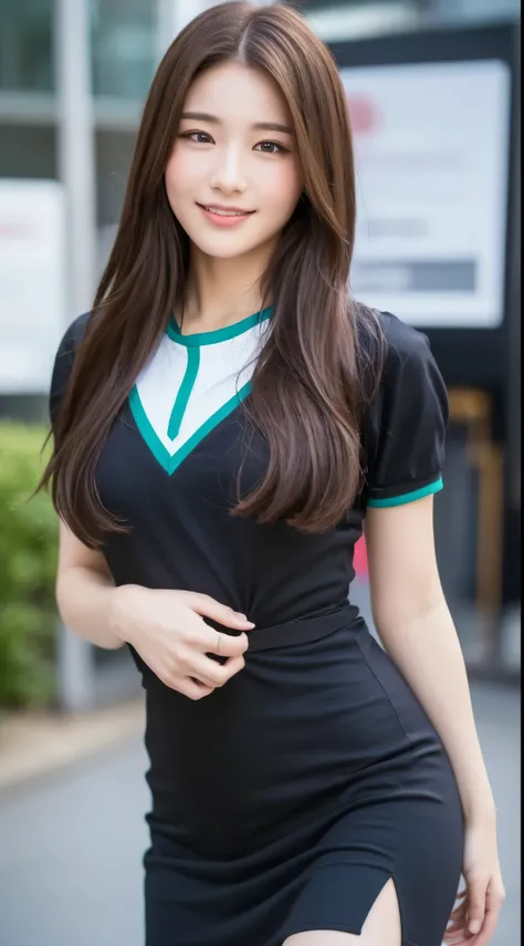 (( top quality, 8k, masterpiece :1.3)),  1 girl, smile, whole body, Slim face,  pretty woman , ( dark brown hair),  long dress  :1.1,  super detailed face,  Details Eyes ,  double eyelids in judo uniforms,   Blur Background , Slim face, city, outside, stre...