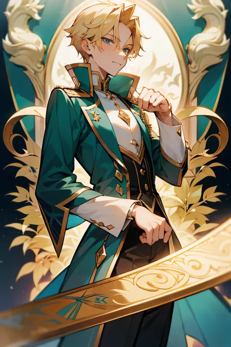 , a young man aged 17-19, 174-179 centimeters tall, blond man with emerald eyes , wearing a magic academy uniform with a dragon emblem on his uniform