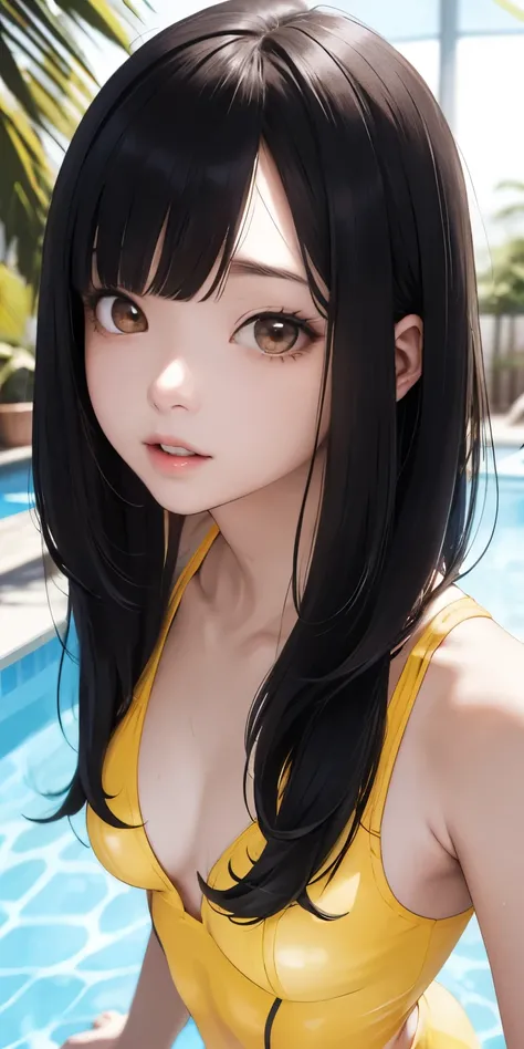  see-through、  girl with long bob hair、 Close-up shot of buttocks looking up from under the ground、 realistic 、((  girl))(1.  Glowing Skin.4)、 between、(Wearing a yellow swimsuit， bust line that makes you turn your eyes，)Facing reality，Lips are a little red...