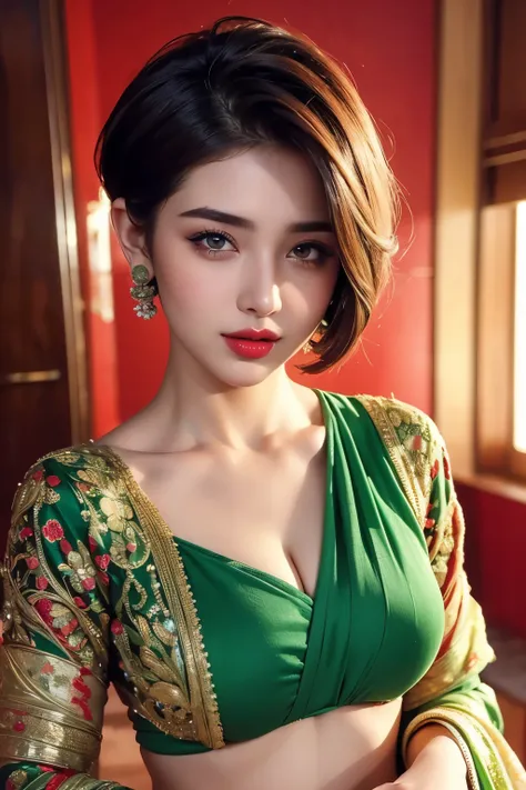 Amazing portrait of a sexy woman with her short hair in a bob style and her face covered with lots of makeup gazing at us seductive with her perfect red lips parted wearing a green saree in an empty bathroom