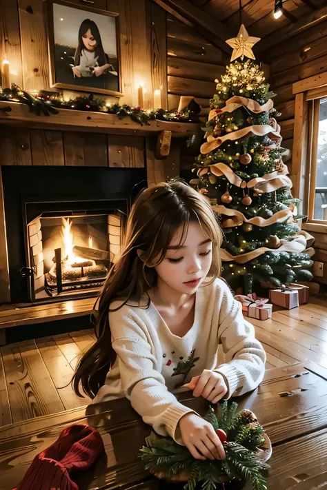 Inside a log house with a fireplace 、 a huge Christmas tree in the living room、  The cutest granddaughter is relaxing in front of the fireplace、Focus on Christmas dinners lined up at the dining table 、 granddaughter is the cutest、The depiction of a grandda...