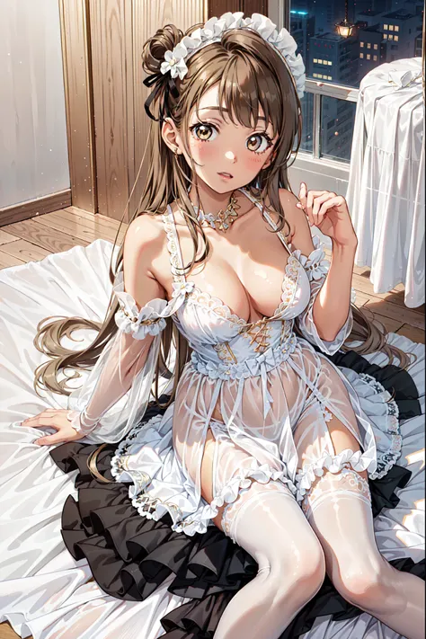  girl，， Have Fun ，in love，( Girl in a white modern shirt and robe， Wear pantyhose :1.2)，( black ruffle bow gloves )，Lace，wrinkle，Bubble Skirt，Lovely Decor ，  brown hair，golden eyes， White Hair Divine Headwear ，透明Lace， Exquisite Outfits， unique ，European be...