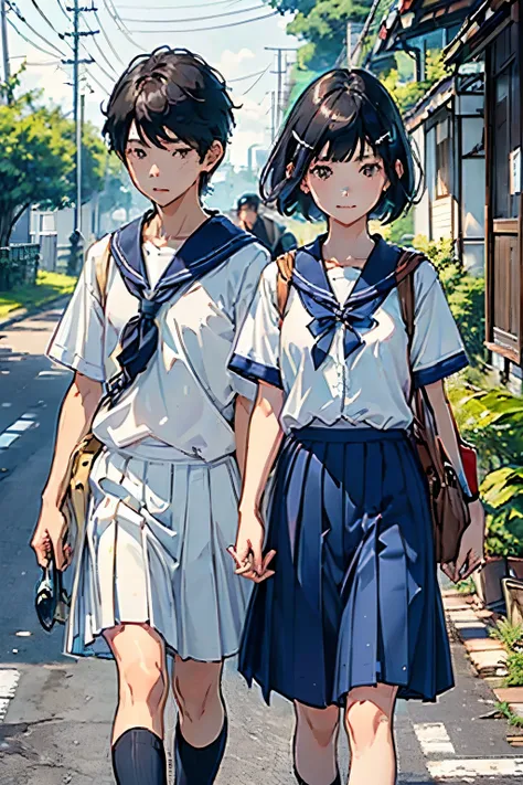 (middle school girls and boys:1.4、They are both  、The height is the same、Petite:1.2)、(  walk side by side on bicycles )、( awkward conversation )、( cute Japanese female middle school student and male middle school student with a young face:1.2) 、( girls hav...