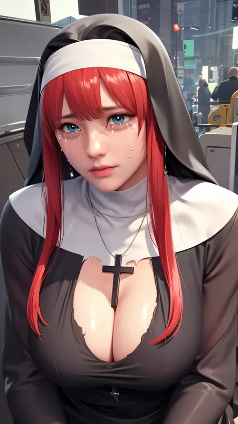  long red hair ,Straight Hair, bangs,Hair in the middle of the eye， looking at the camera, huge  ，figure，完美figure,long sleeves,nun,habit,nun,habit,dress,black dress,long dress,catholic，White underwear, white suspender stockings，Cross necklace on chest，Clea...