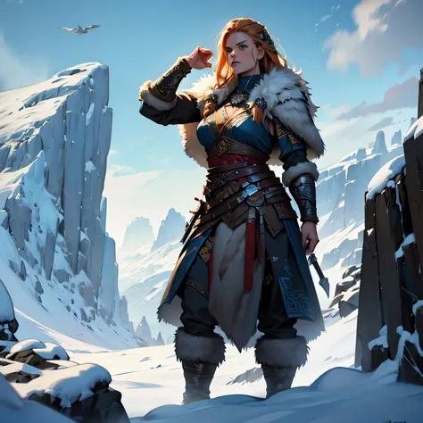 ​masterpiece, Best Quality, detailed, Cinematics, 4k, Background with:Viking buildings built on snowy fjord cliffs, Fierce viking female warrior wearing armor and fur coat with rune tattoos,