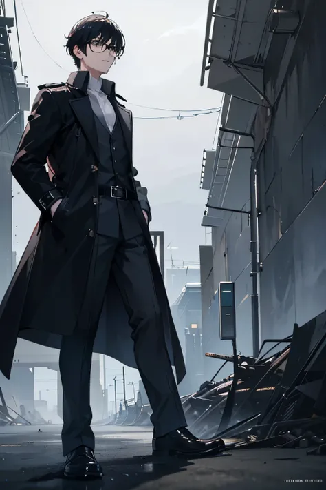 a man in a trench coat, black hair, wearing a white shirt, trenchcoat with large buttons and belt on sleeves, wearing glasses, realistic, hyper detailed, 8k, cinematic lighting, photorealistic, masterpiece, high quality, extreme detail, cinematic compositi...