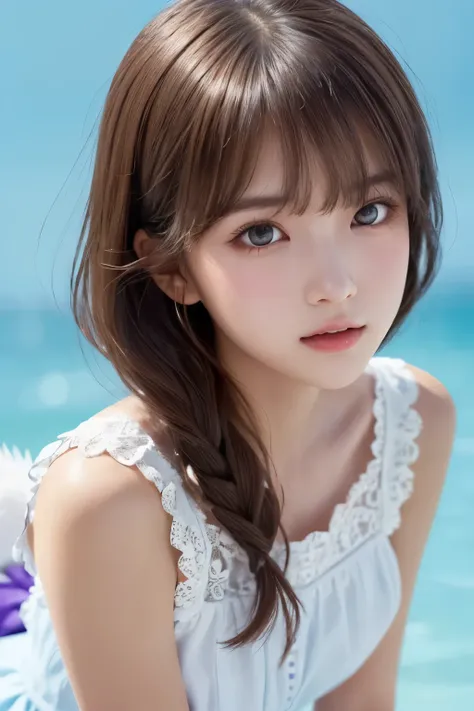 1girl, (a beauty girl, delicate girl, beautiful girl, innocent girl:1.3), (14yo:1.3),
break, (heavenly angel, white and purple longdress, ruffle lace, longskirt:1.3),
break, (heavenly site, wind and fur, (light blue) background:1.2),
break, very fine eyes,...