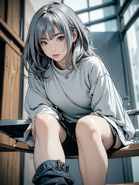 Create an "fall winter season" scene where a beautiful dark gray-eyed Japanese young highschool girl ,(((silver color highlight hair,ash color hair,巻き髪)))、Flat color,blur background,F cup size breast、少し口が開いている、between breasts、between legs,

BRAKE
(from bel...