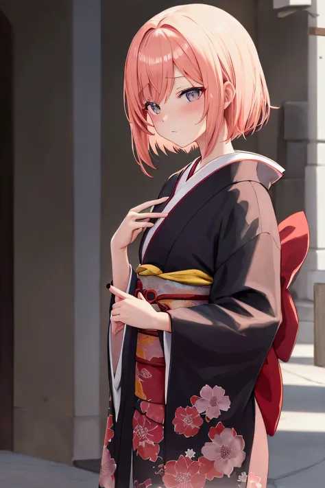 A girl about  with peach-colored hair.
He has a neutral face.
Wears a kimono.
Short bob.
Sad expression.