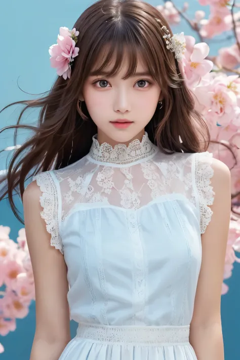 1girl, (a beauty girl, delicate girl, beautiful girl, innocent girl:1.3), (12yo:1.3),
break, (heavenly angel, white and blue longdress, ruffle lace, longskirt:1.3),
break, (heavenly site, wind and (pink flower) background:1.2),
break, very fine eyes, (symm...