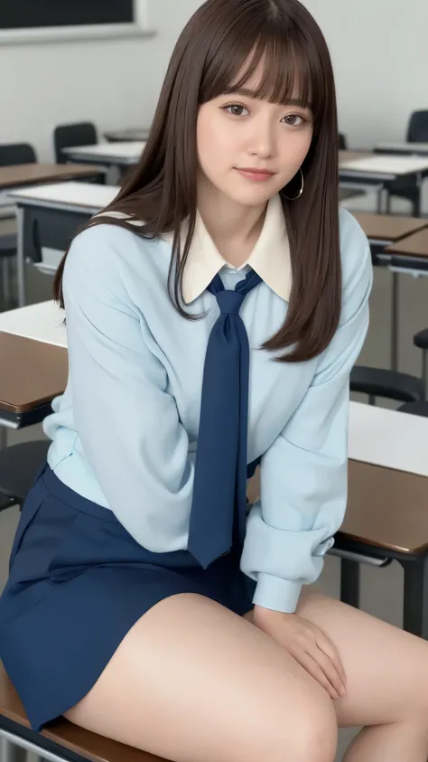 (Highest quality, 4K, 8k, High resolution, masterpiece, Genuine, Realistic, Realistic:1.3), (upper body shot), Girl in classroom, blue neckerchief Uniform, Dark Blown Blazer, Gal Makeup, wearing white collared shirts, ((brown hair)), Gold Bracelets, 19-yea...