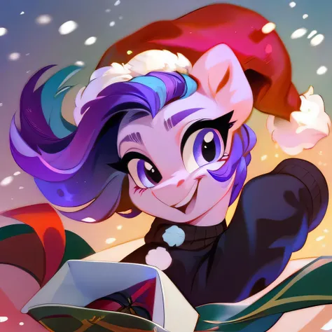 Starlight, my little pony style, Christmas, snow background, Christmas background, santa hat, black jacket, atmosphere x atmospheric light, high resolution