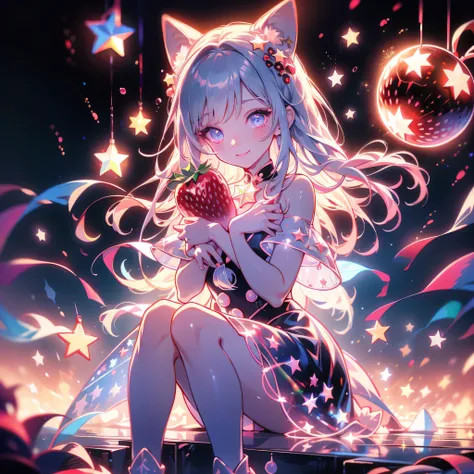 chibi、cuteStarの妖精、cute、 pretty face、( beautiful eyes、 detailed eyes on board)、( best detail、The best configuration、 Perfect Anatomy)、Full body front、Front、 sitting with the best smile facing the viewer、 One Girl , best quality、masterpiece、official art、 su...