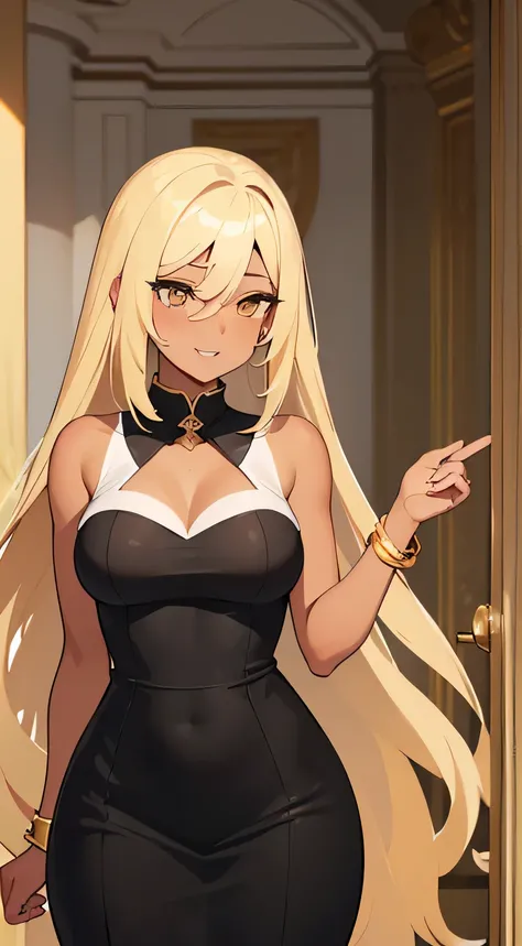 ((Tan Skin)),((Woman)),((blonde Hair)),((gold Eyes)), black dress, happy, preppy, expensive, hour glass, thick, elegant, hair down in side part, no bangs, boujee, rich, shades