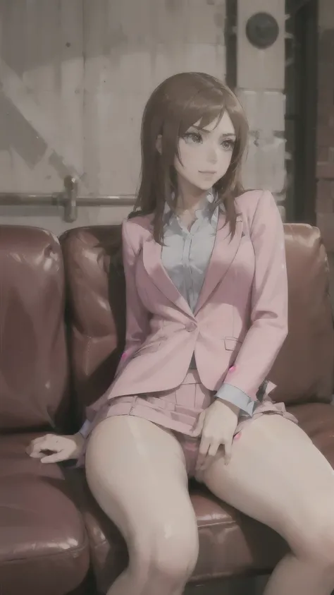 TinaToriko, 1girl, solo, long hair, pencil skirt, pink skirt, brown hair, shirt, brown eyes, pink jacket, pantyhose, eyelashes, makeup, formal, suit, lipstick, skirt suit { : sitting : sofa : spread_legs :  :   : manly_way : evil_girl : possessed } { mean_...