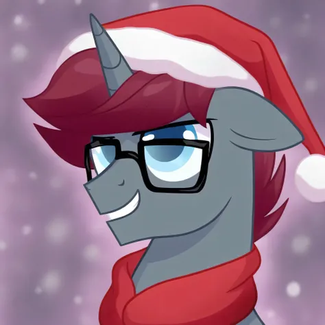 Stallion unicorn dark gray pony light blue eyes short maroon hair with black glasses dark background my little pony style santa hat solo