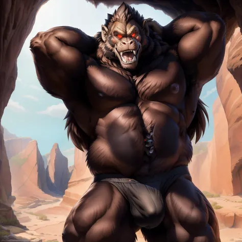 solo, breath (ultra detailed), a beautiful and detailed full size portrait of a male anthro gorilla, oozaru, brown fur, fur body, monkey tail, long hair, red eyes, close up view, glowing eyes, empty eyes, tail, bedroom eyes, detailed eyes, big body, sexy b...