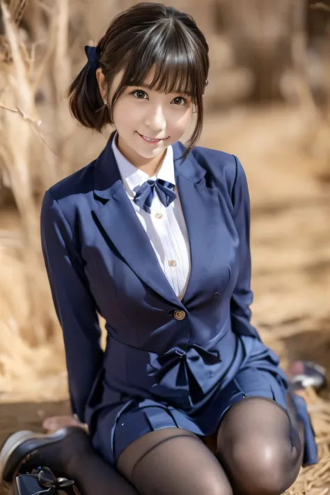  navy blue blazer、(( Hides below the knee with a navy blue tight skirt))、White blouse、((navy blue plain large bow tie))、((( black pantyhose )))、(( Black Loafers ))、((A full-body photo of a crouching figure looking down to the feet))、Cute high school girls、...