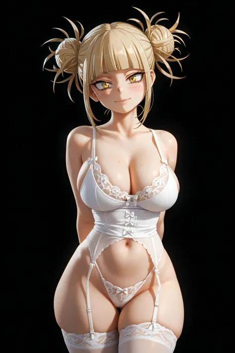 Himiko Toga from My Hero Academia, yellow hair, yellow eyes, hairbuns, huge breasts, and thick thighs, thigh highs, lingerie, standing in a relaxed contrapposto pose with her hands behind her back, she’s facing viewer straight, having a dramatic, neutral e...