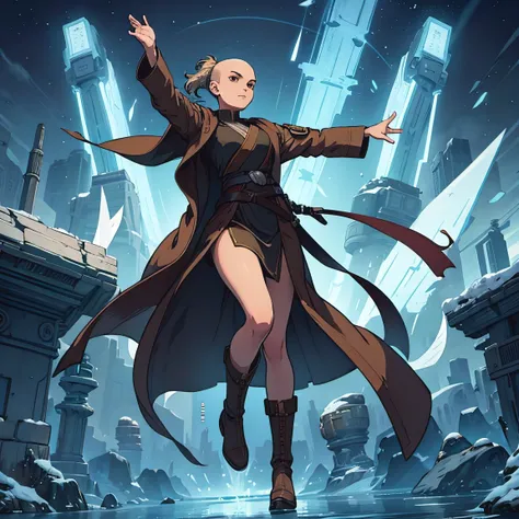 1girl, solo, bald, flying, floating in the air, elegant, dynamic pose, arms outstretched, wearing jedi robes, jedi outfit, she is wearing a long brown coat, long floating coat, jedi coat, jedi belt, jedi boots, jedi uniform, floating fabric, floating long ...