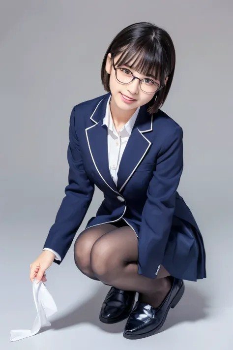  navy blue blazer、(( Hides below the knee with a navy blue tight skirt))、White blouse、((navy blue plain large bow tie))、((( black pantyhose )))、(( Black Loafers ))、((A full-body photo of a crouching figure looking down to the feet))、Cute high school girls、...