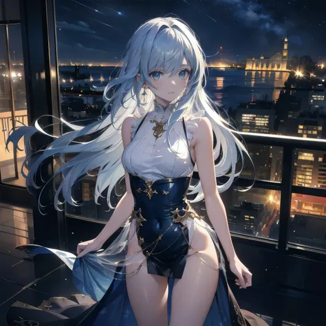 (masterpiece), (best quality), ultra detailed, finely detailed color, cenematic painting, bishoujo, ((one lady)), teenager, cute face, white hair, absurdly long hair, straight hair, ((deep blue eyes:1.5)), holding glass, party dress, skiny clothes, sleevel...