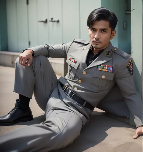 40 years old,One Man,Gray military uniform,Daytime parking lot、Sit with your legs wide open、The crotch area is bulging、Hold a gun,logic,Gay ,Very Short Hair,Stubble,Sri Lankan face。Cool handsome guy、Combatant　Fighting spirit