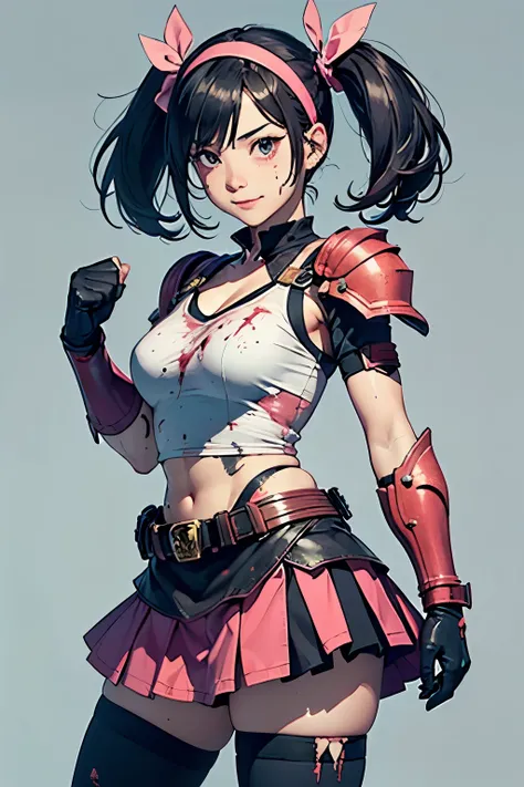 ((They are full of wounds, but they are happy to have won the battle and they are wearing sturdy, tattered pink clothes that smile、Female warrior with disheveled black hair and twin tails))、 Upper Body Up 、   high definition  、 Bright Fighting Ground 、 fig...