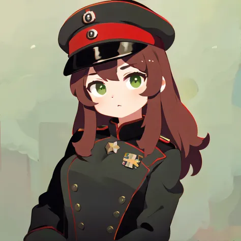 1girl, red hair, long hair, green eyes, (black outfit), black general military uniform, german military uniform