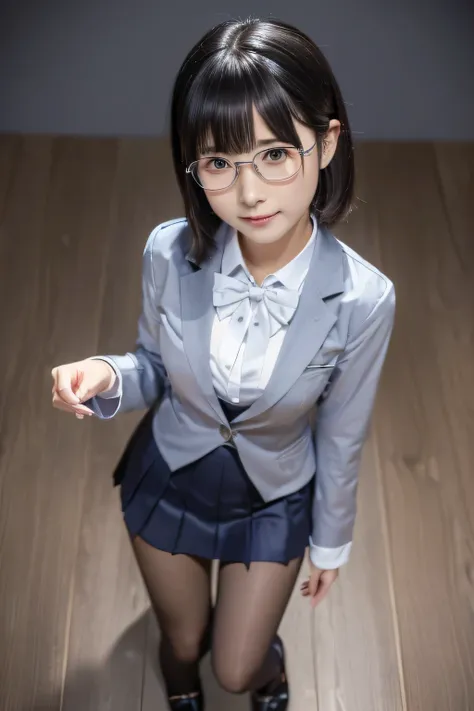 (( Hides below the knee with a navy blue tight skirt))、((Can you see through bras with a white blouse))、((navy blue plain large bow tie))、((( black pantyhose that hold the right side of the chest)))、(( Black Loafers ))、(( Full body photo of a standing figu...