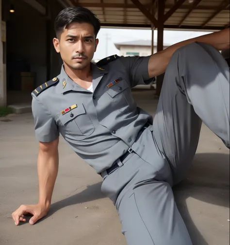 40 years old,One Man,Gray military uniform,Daytime parking lot、Sit with your legs wide open、The crotch area is bulging、Hold a gun,logic,Gay ,Very Short Hair,Stubble,Sri Lankan face。Cool handsome guy、Combatant　Fighting spirit