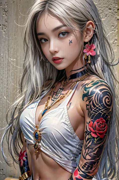 (Raw quality:1.4),  high definition , 1 female, Baby Face,  Hip Up,   beautiful eyes , Long Hair,  jewelry, (tattoo:1.4), Streetwear that reveals a lot of skin